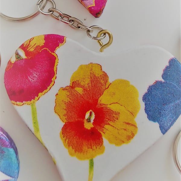 Handmade Decoupaged Heart Pansy Keyring