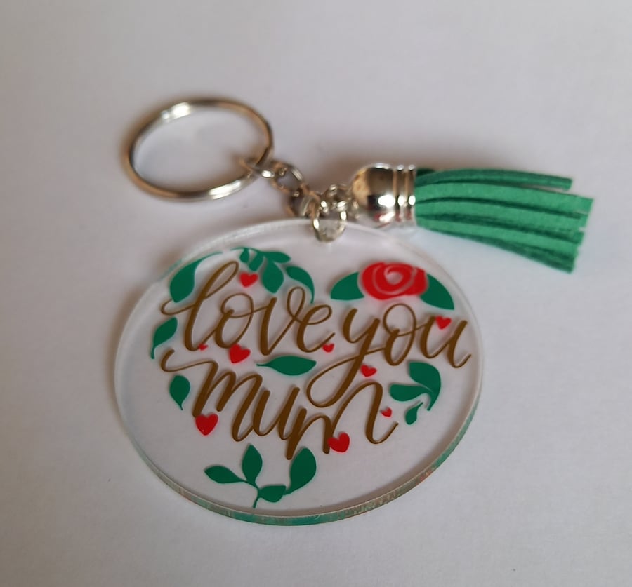Cute Acrylic Keyring for Mum, Flowers in a heart shape, Love you Mum