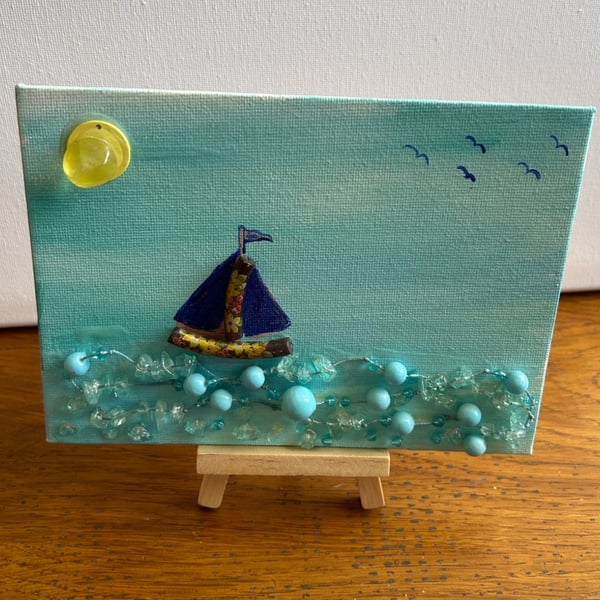 Original picture Ocean life. Upcycled broken jewellery. 5x7" 