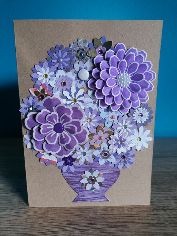Purple flowers luxury handmade flower keepsake greeting card boxed 
