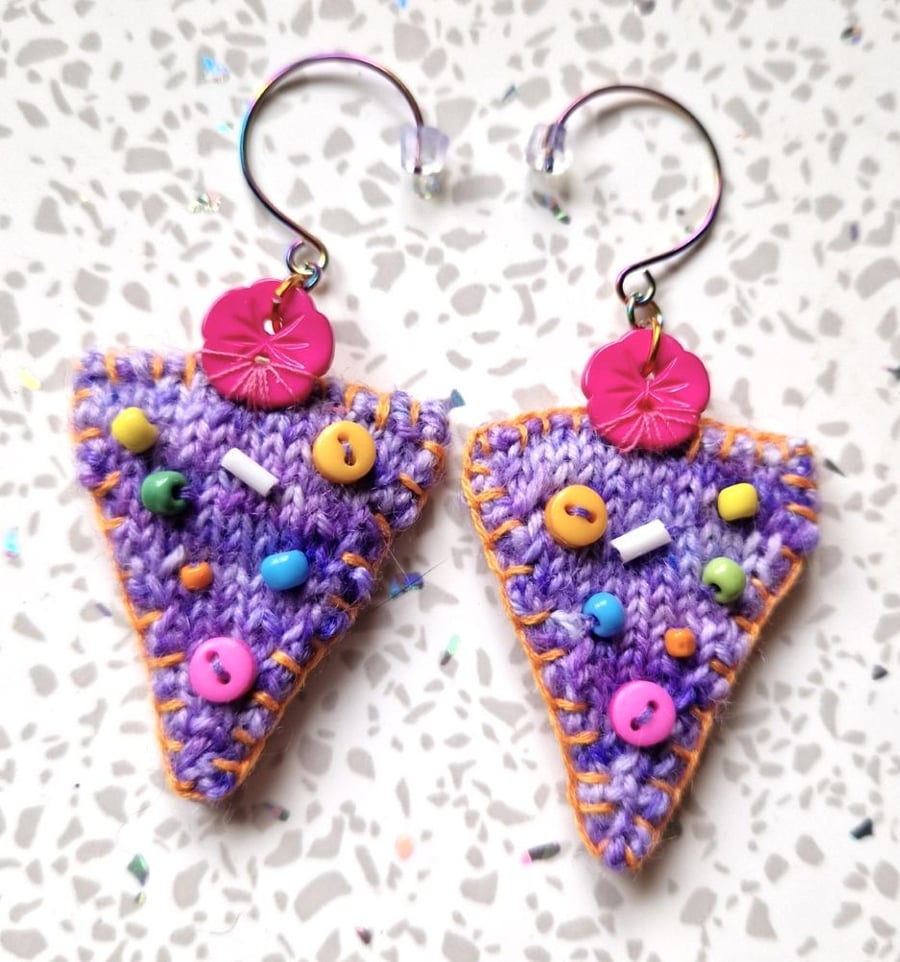 Lavender Angles - Hand Knitted, Beaded, Dangle Earrings
