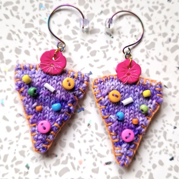 Lavender Angles - Hand Knitted, Beaded, Dangle Earrings