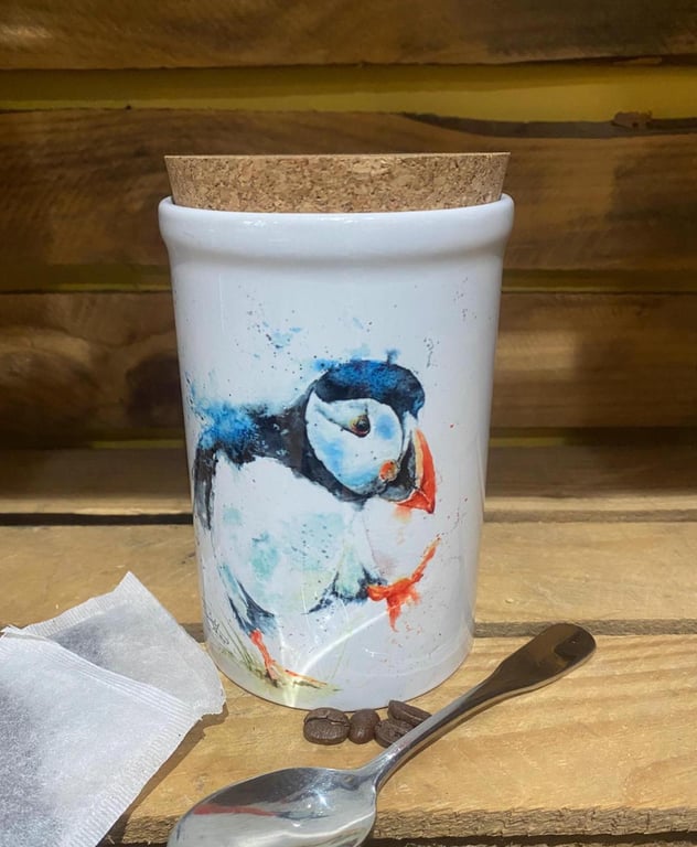 Puffin Watercolour Ceramic Storage Jar with Cork Lid, Wildlife Art by Artist San