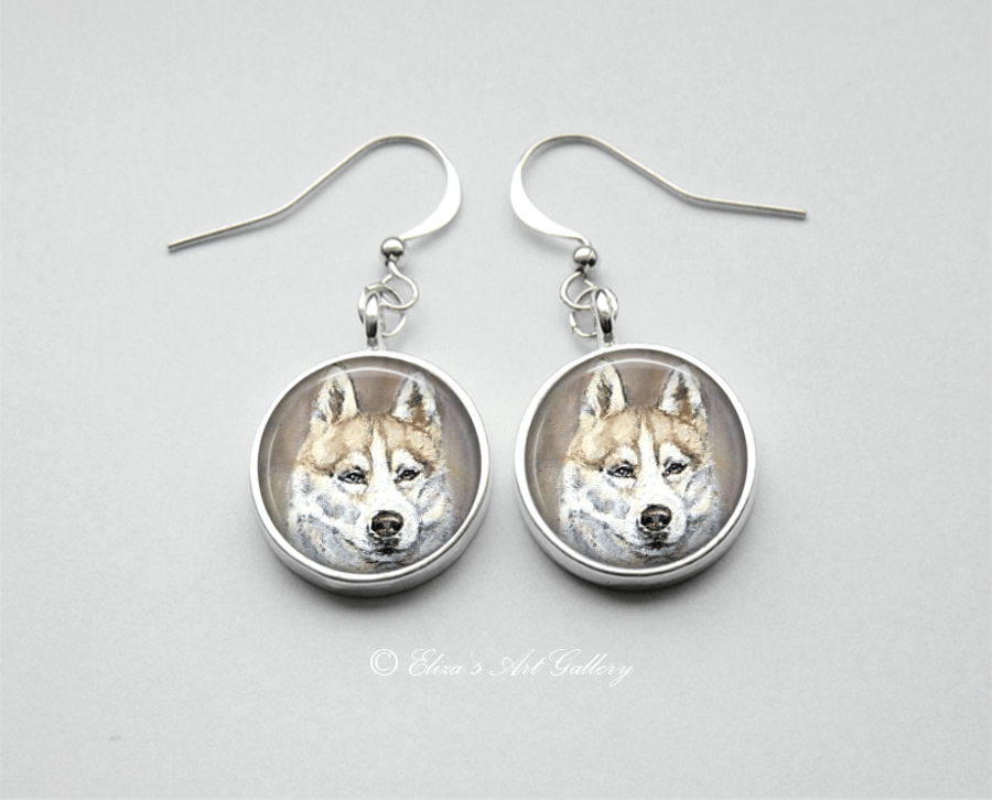 Silver Plated Alaskan Malamute Dog Art Earrings