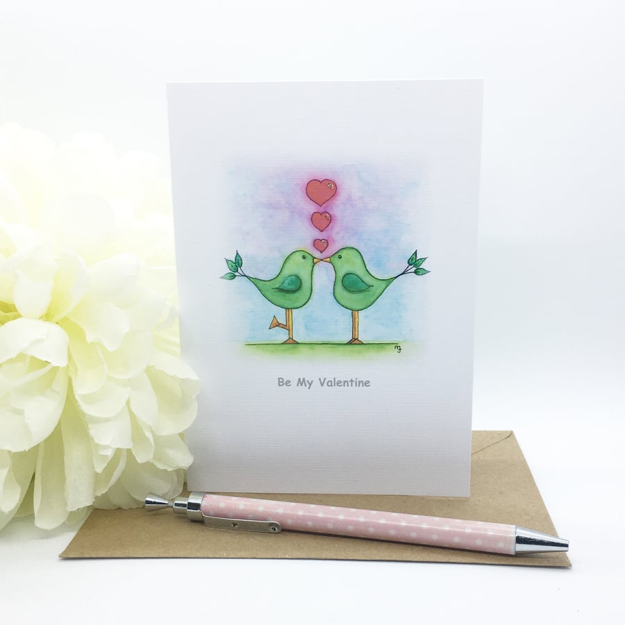 Be My Valentine Card - Green Love Birds