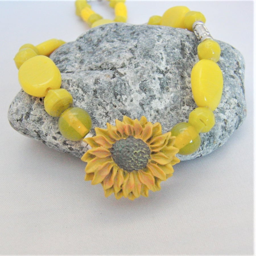 Sunflower Button and Yellow Bead Necklace, Jewellery Gift for Her