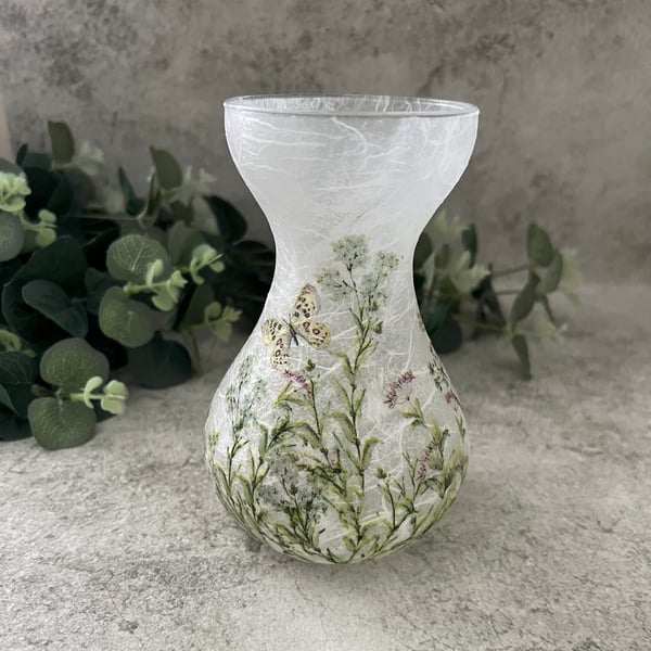 Decoupage Hour Glass Vase - Meadow Flowers, Floral Home Decor - upcycled