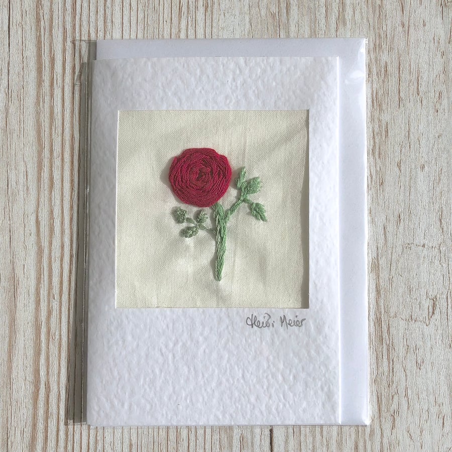 Greetings card - textile floral flower red rose - Birthday Valentine Anniversary