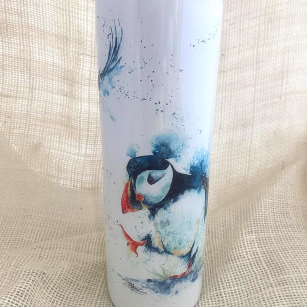 Puffin Watercolour Tumbler. 20oz Vacuum-Insulated Stainless Steel Travel Cup, wi