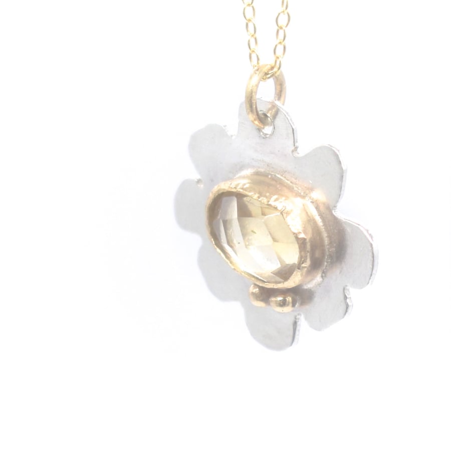 Natural Citrine Silver and Solid Gold Flower Pendant 