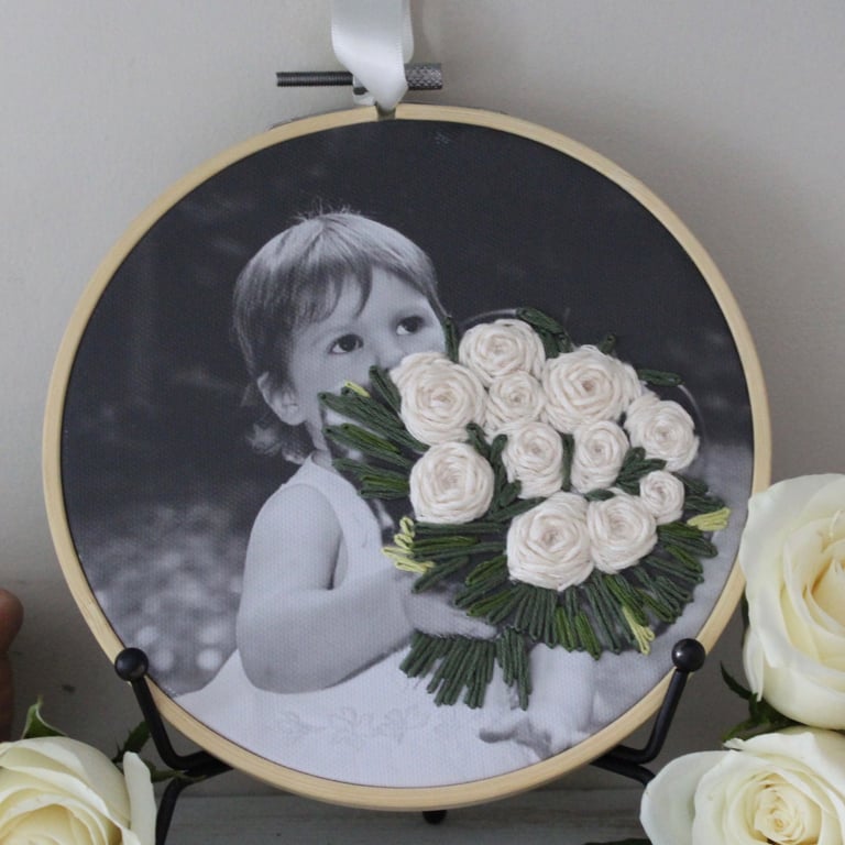 Custom Embroidered Photo Hoop Wedding Family Cotton Anniversary Flower Girl 