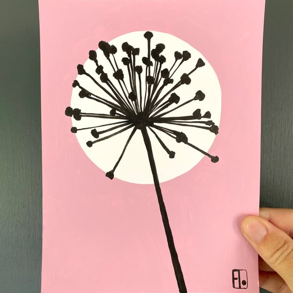 Botanical art, Garden Allium, seed head, shadow painting, handmade art, signed
