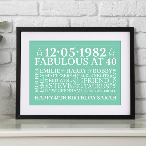 Personalised 40th Birthday Word Art - BD407