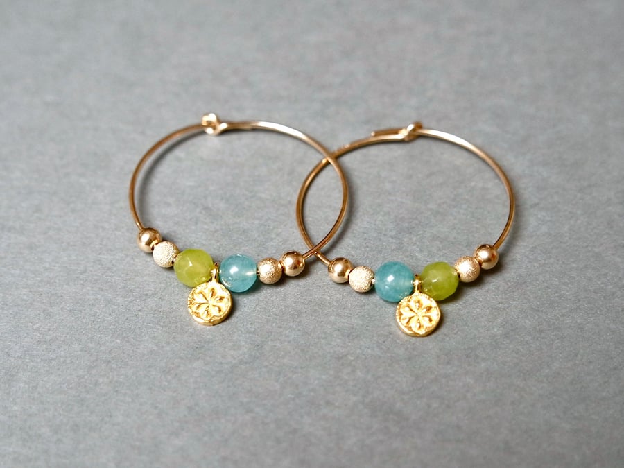 Gold Filled Hoops - Quartz daisy lime-green turquoise