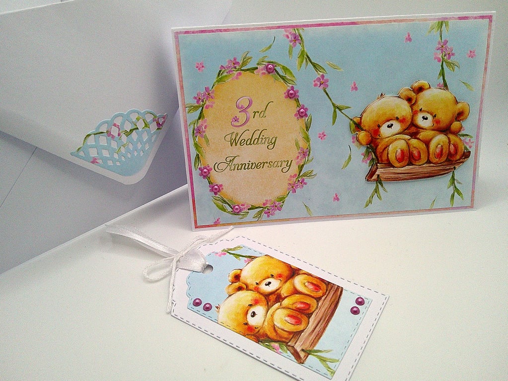 Third Anniversary Card with matching gift tag and envelope - Cute Bear Couple