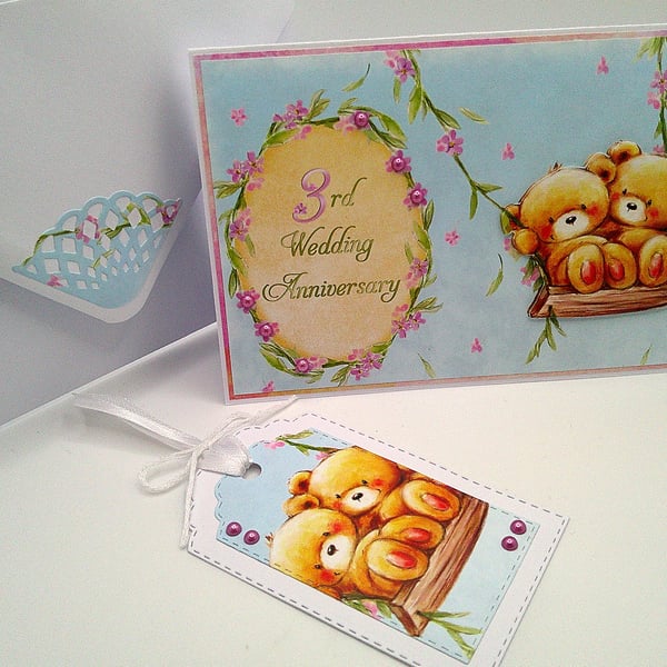 Third Anniversary Card with matching gift tag and envelope - Cute Bear Couple