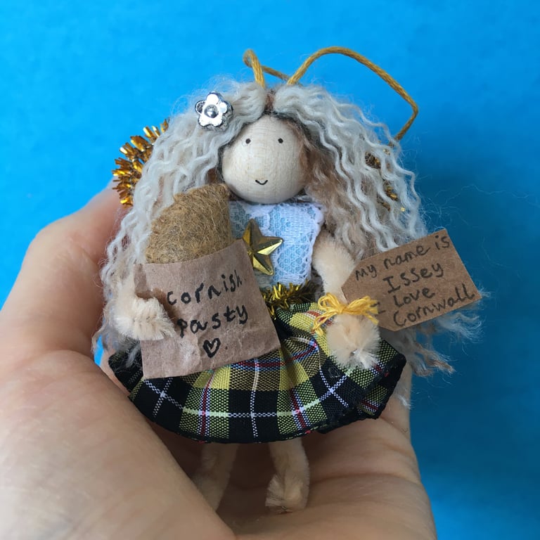 Tiny Cornish Pasty Fairy Doll Decoration, Cornish Tartan, Cornwall Gifts