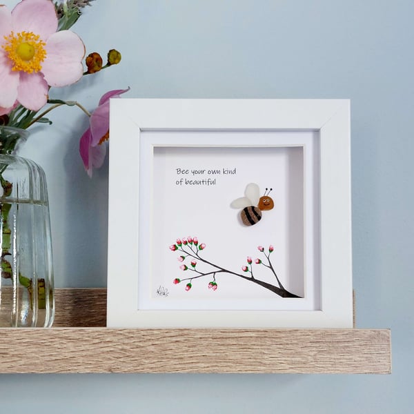 Sea Glass Bee Picture - Framed Beach Glass Affirmation Quote Gift for Friends