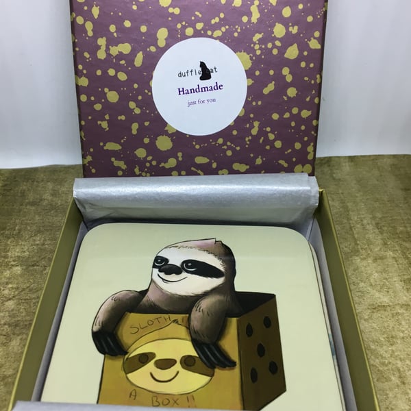 Set of 4 Sloth in a Box Coasters