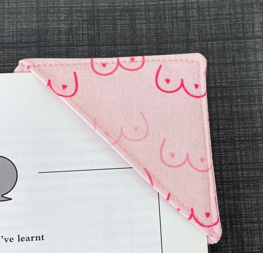 Pink booby print themed cotton fabric corner bookmark. Book lovers gift.
