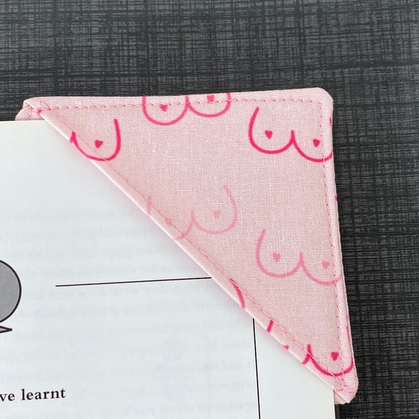 Pink booby print themed cotton fabric corner bookmark. Book lovers gift.