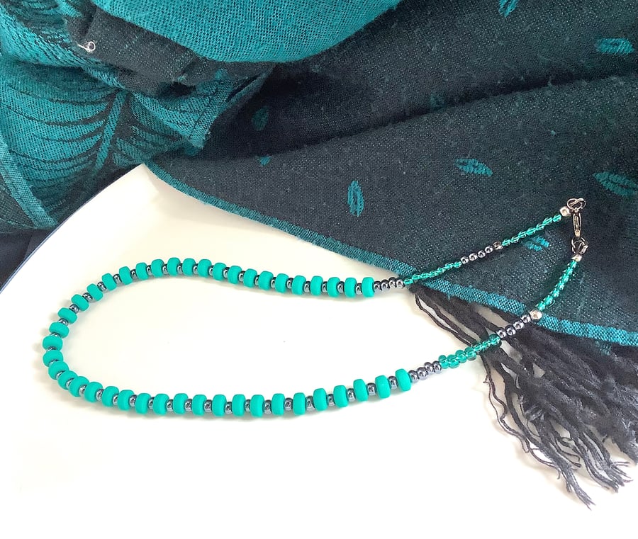 Polymer clay bead necklaces, single strand, Minimalist, turquoise teal