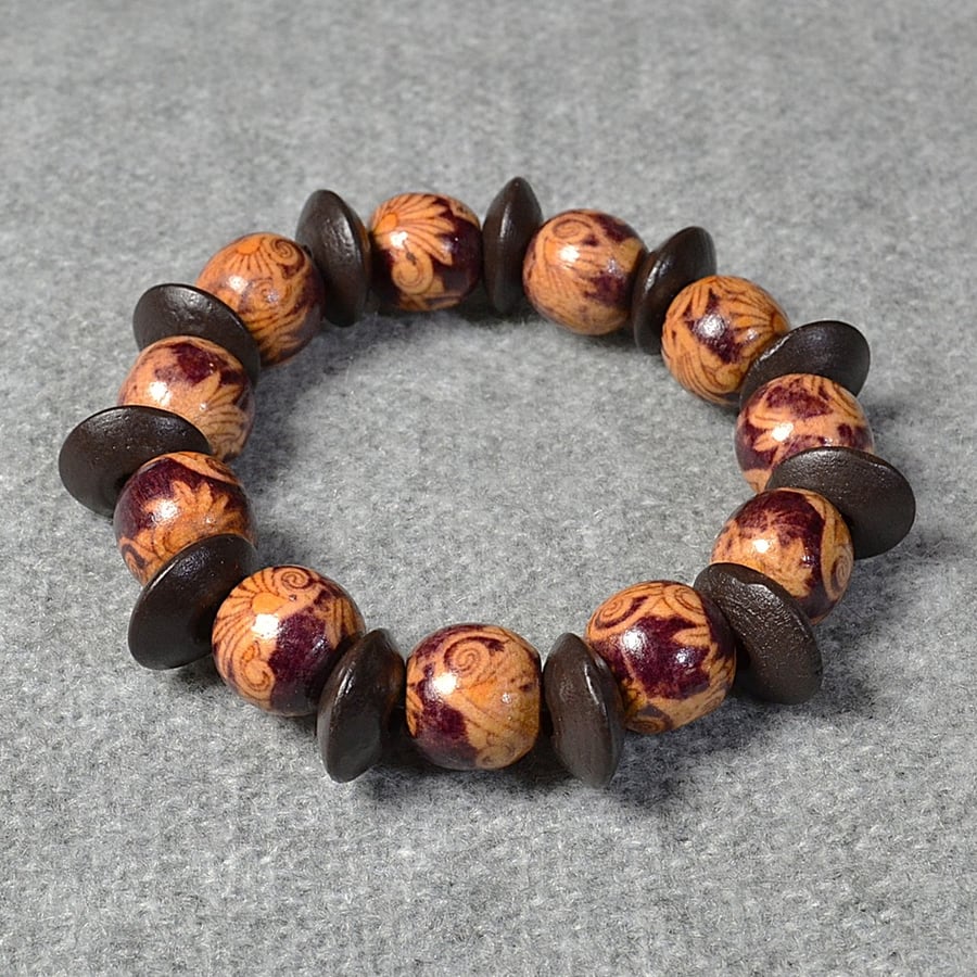 Round Patterned Wooden Bead and Dark Brown Wood Rondelle Elastic Bracelet
