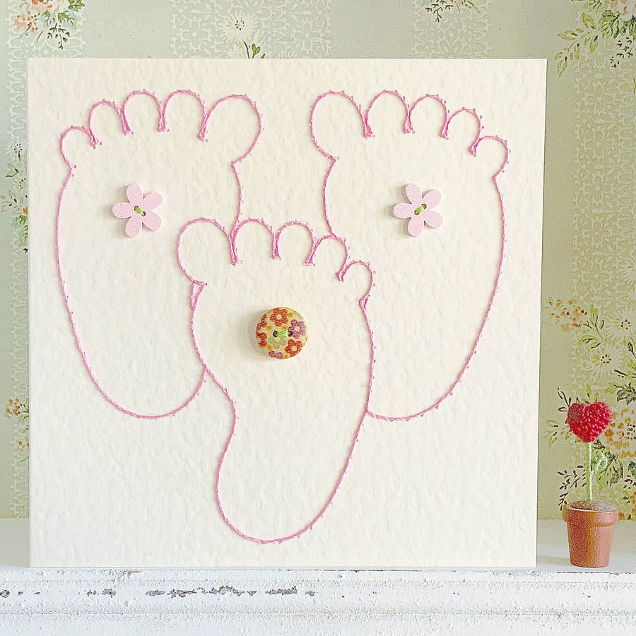New Baby Card. Hand Sewn Card. Triplets Card. Baby Shower Card. Congratulations.