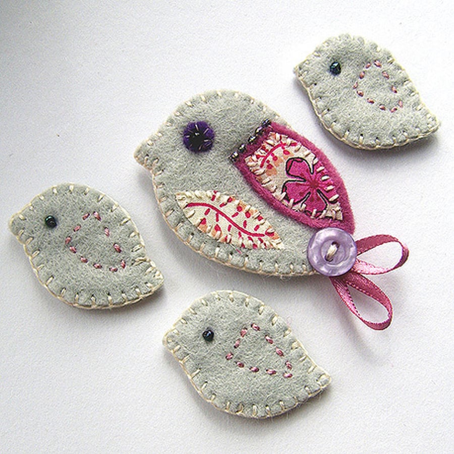 Reserved for Girldreaming - Bird Brooch + 3 Mini Birds