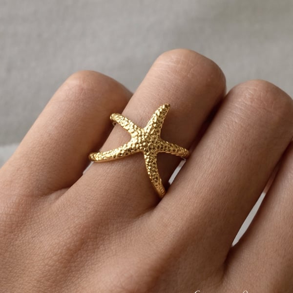 14k Gold Starfish Ring – Ocean Inspired Statement Ring. Adjustable. Holiday. 