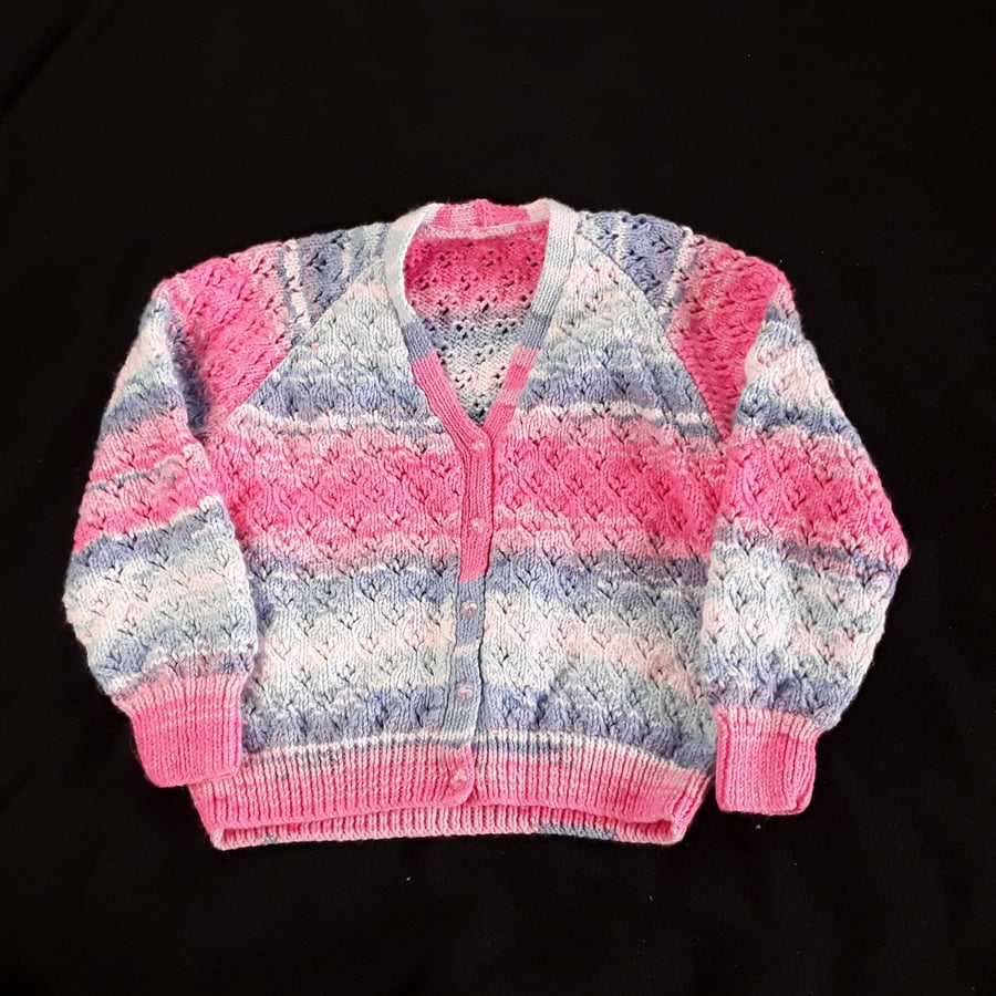 Hand knitted girls sparkly pink and blue cardigan to fit 32 inch chest 8 years