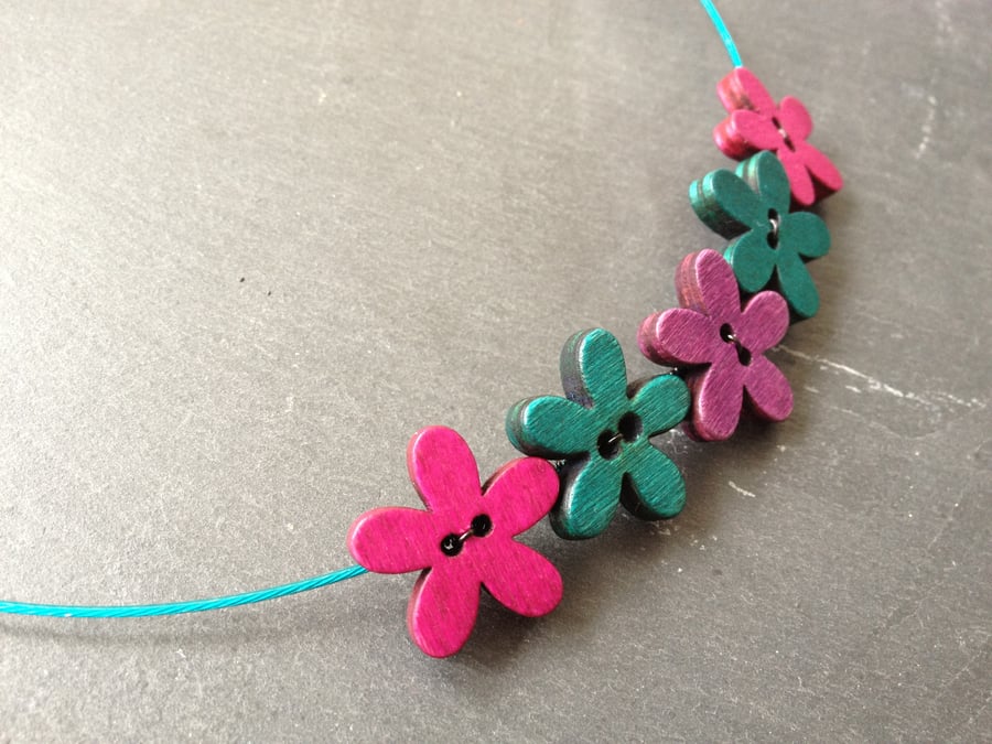 Funky Flowers Button Choker - Cerise, Purple & Turquoise on Cyan Wire