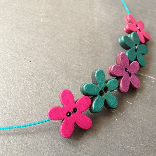 Funky Flowers Button Choker - Cerise, Purple & Turquoise on Cyan Wire