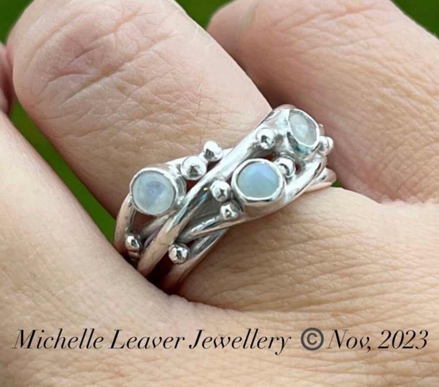 Opal and Rainbow Moonstone Wire Ring, silver wire ring, freeform silver ring, 