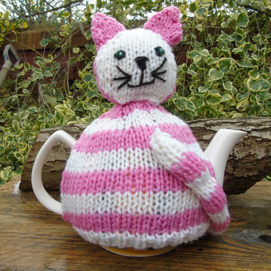 Cat tea cosy - hand knitted - to fit a large teapot  Pink stripe Cat -