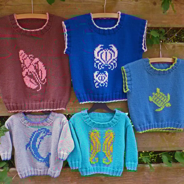 Sea Life Sweater KNITTING PATTERN in pdf, with 5 seaside animals to choose from.