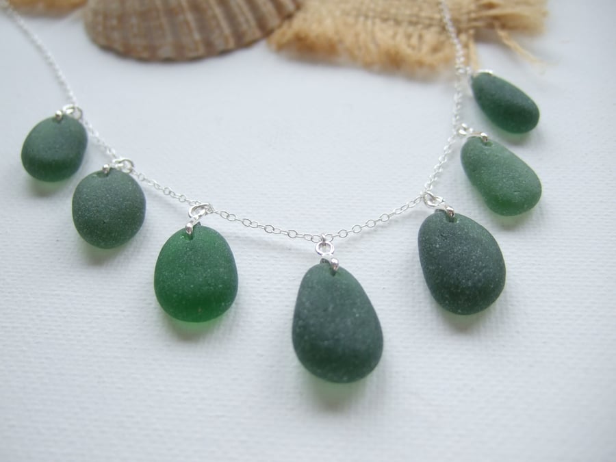 Seaham green sea glass necklace, beach glass multi pendant necklace 18" sterling