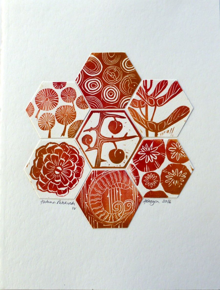 Autumn Patchwork IV  LINO PRINT BERRY SLOE POPPY WOOD TEASEL