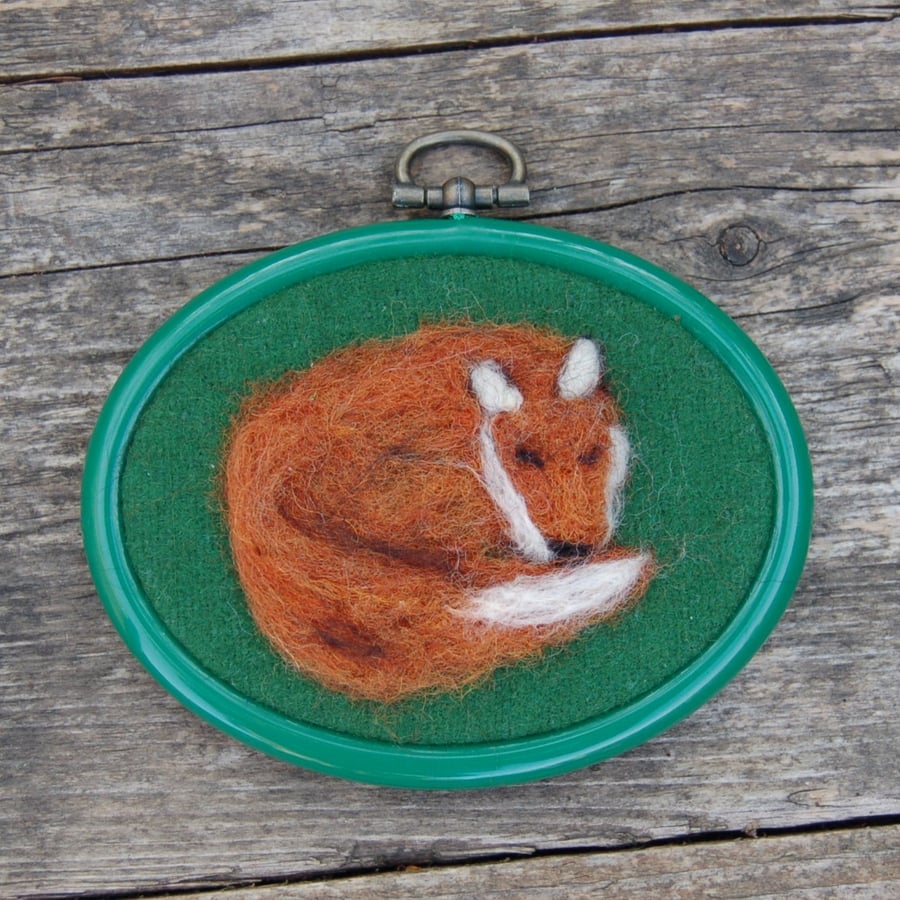 Sleeping fox wool picture - framed - needlefelt- free postage