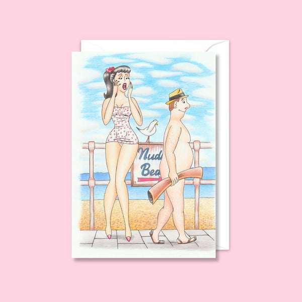 Nudist Beach Greetings Card: Hand Drawn Postcard Style Artwork (802)
