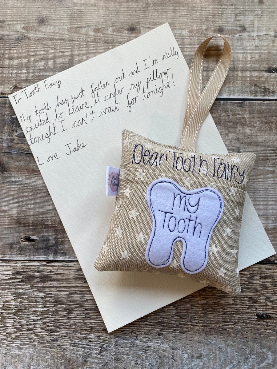 Tooth Fairy Pillow Cushion Natural Beige Stone Cream Stars