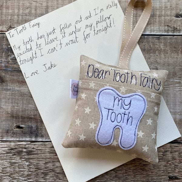 Tooth Fairy Pillow Cushion Natural Beige Stone Cream Stars