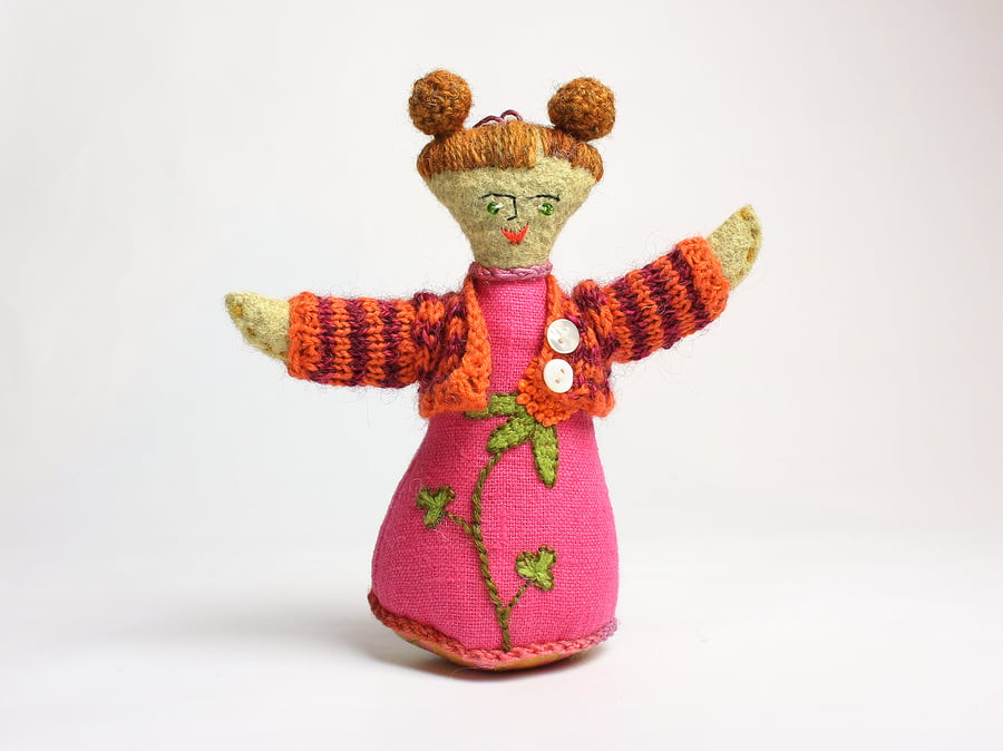 Pink linen small ornamental doll with hand embroidered dress and hand knitted