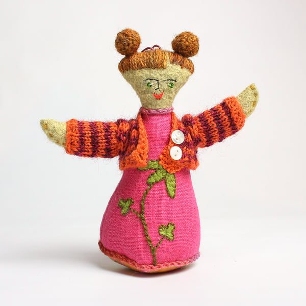 Pink linen small ornamental doll with hand embroidered dress and hand knitted