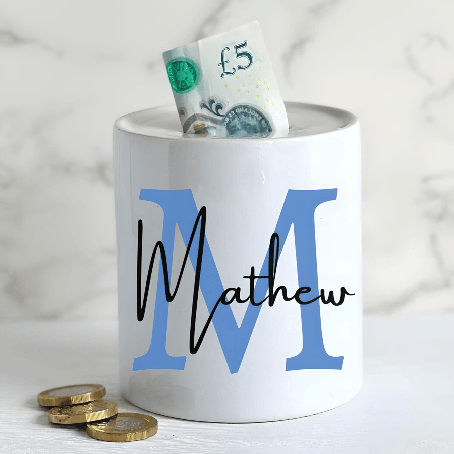 Personalised Ceramic Money Box -Novelty Present BLUE Initial and Name