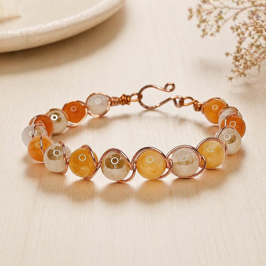 Copper Wire Wrapped Jade Bracelet
