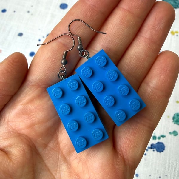 Upcycled Blue 2x4 Lego Earrings - Silver Plate Tarnished - Super Seconds