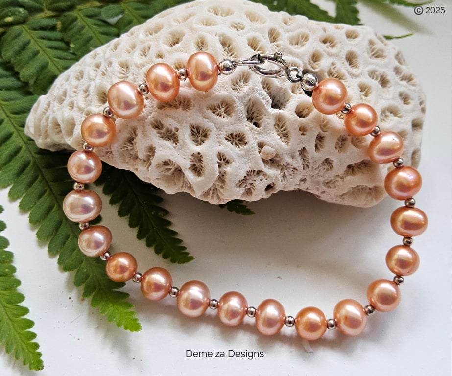  Peach Freshwater Culture Pearl Silver Bracelet Small Size