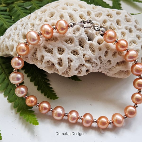  Peach Freshwater Culture Pearl Silver Bracelet Small Size