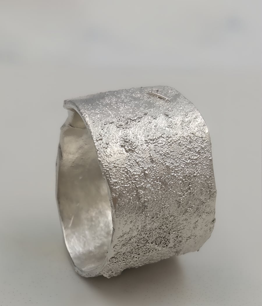 Hand Forged Wide Sterling Silver Ring: Molten Texture Statement Band - Size O